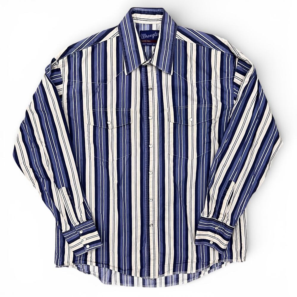 Vintage Wrangler Pearl Snap XLong Tails Vertical Stripe Button Up Shirt 16 1/2